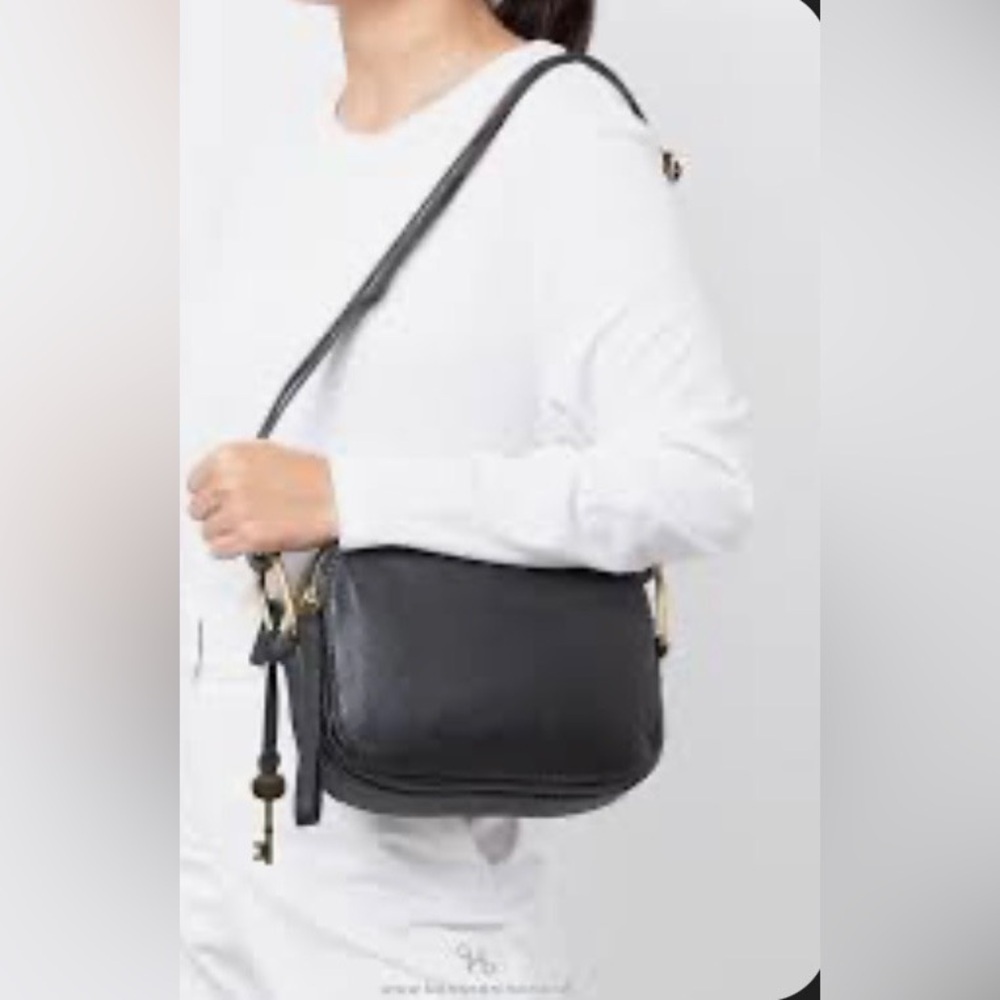Fossil Elle  cowhide camera  Black Leather‎ Shoulder Bag crossbody